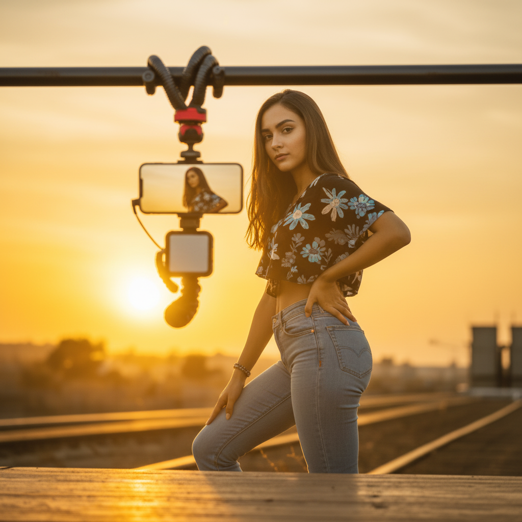 Woman posing with a camera setup against a sunset background