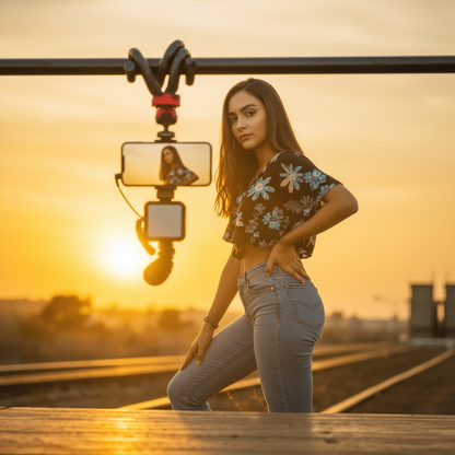Woman posing with a camera setup against a sunset background